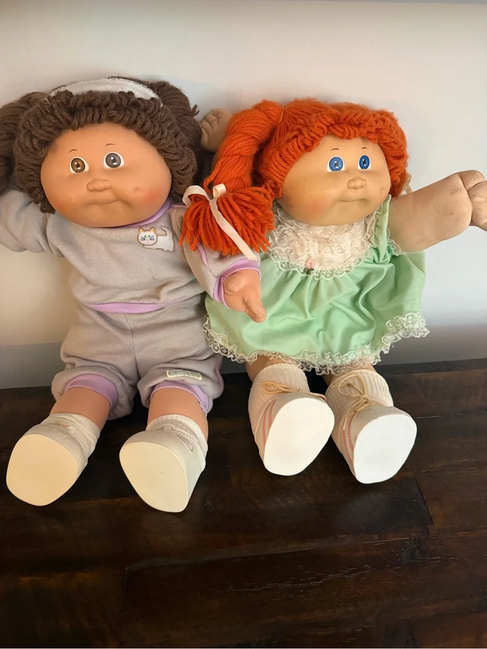 Pair of 1980s Cabbage Patch Dolls in Mint Green and Lavender